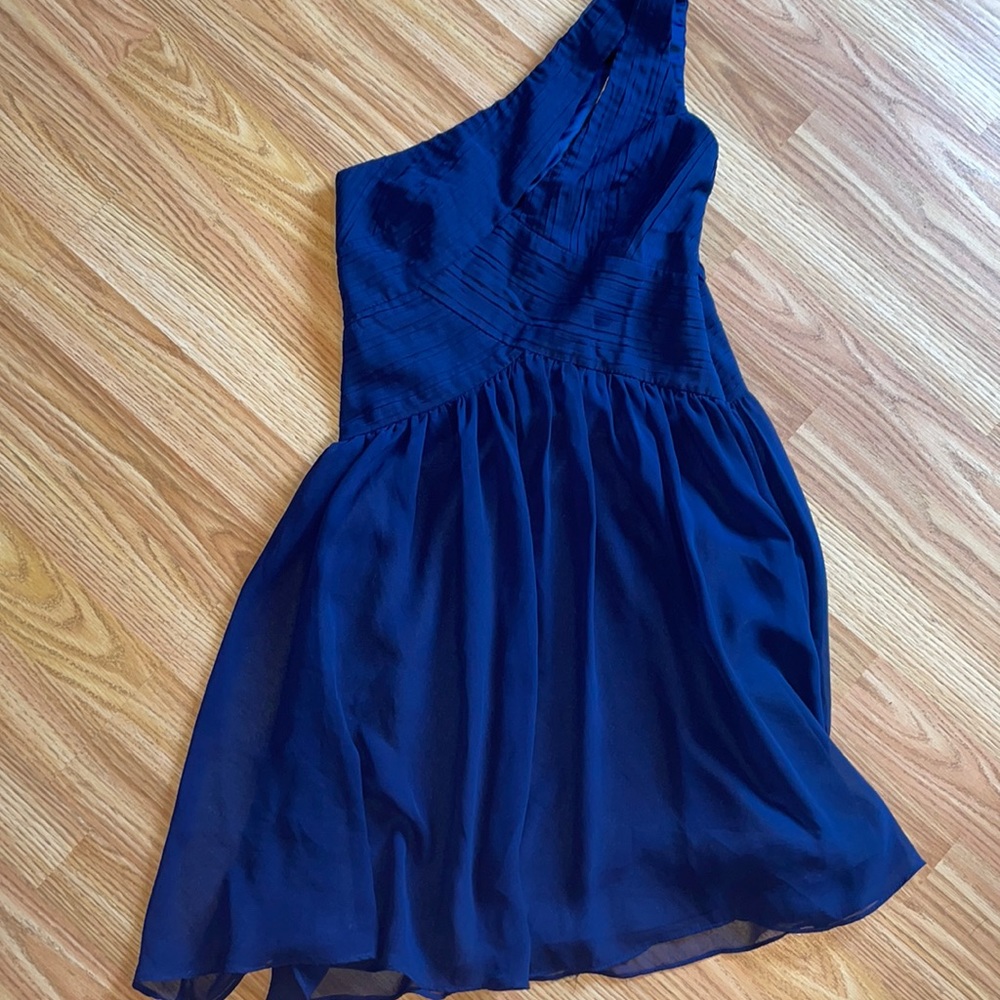 navy blue one shoulder dress